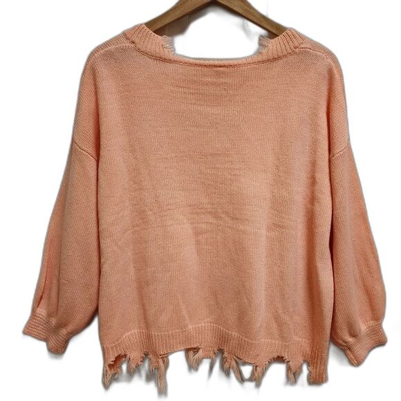 L Love Sweater Womens M L Peach Knit V Neck Distressed Ripped Long Sleeve Grunge - Picture 2 of 8